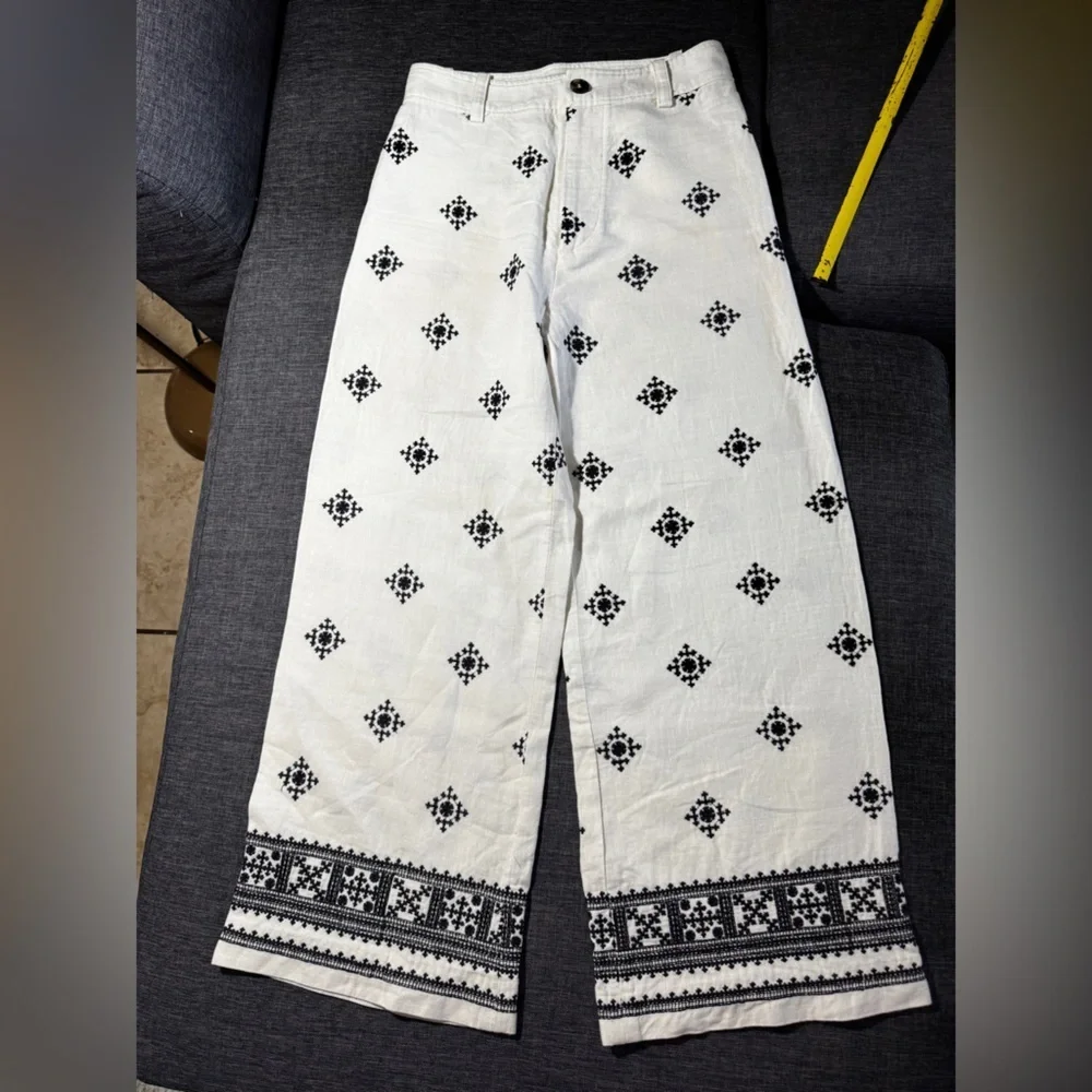 ZARA Linen Blend Embroidered Wide Leg Pants White Black Boho Resort S